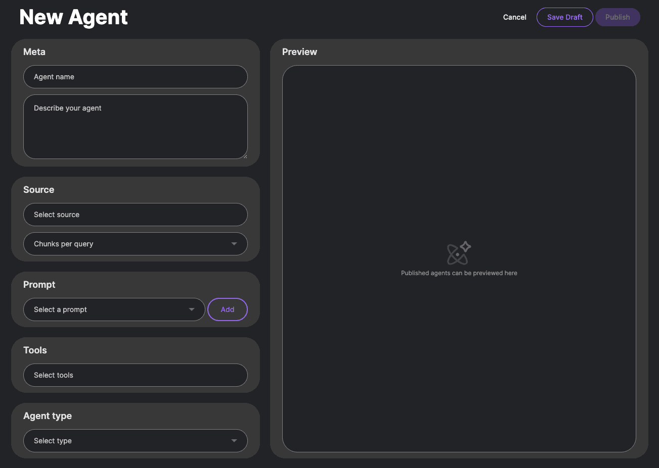 The New Agent configuration form